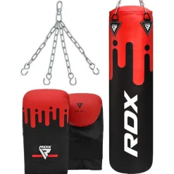 RDX F9 4ft / 5ft 3-in-1 Red / Black Punch Bag with Mitts Set