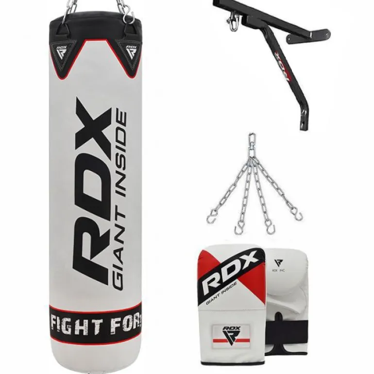 RDX F1 4ft / 5ft 4-in-1 White Punch Bag With Gloves & Wall Bracket Set