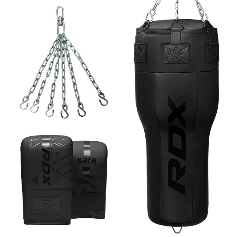 RDX 3-in-1 Angle Punch Bag Full Black with Gloves Set